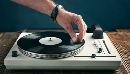 A weathered hand reaching for a play button on a vintage record player.