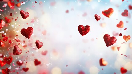 Valentine's Day background with vibrant red hearts, confetti, and soft bokeh, creating a festive and romantic vibe.