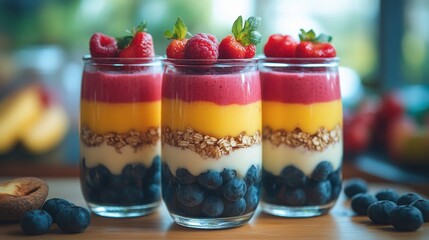 Canvas Print - layered smoothie jars, try colorful smoothie jars with layered fruits, nuts, and yogurt a delicious and nutritious breakfast to kickstart your day