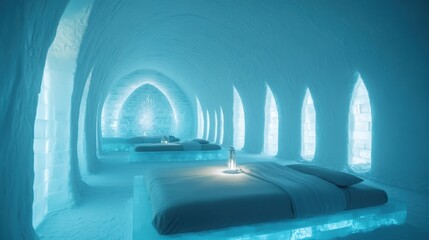 Unique ice hotel room with sculpted ice beds and glowing lighting creates an enchanting and cool ambiance for a memorable stay.