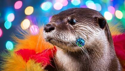 Close-up portrait of otter with disco ball earring and neon boa.