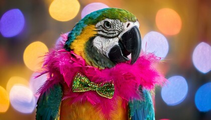 Close-up portrait of parrot with sequined bowtie and neon feather boa.