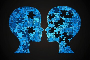 Digital representation of two human profiles filled with blue puzzle pieces symbolizing the intricacies and interconnectedness of human thoughts