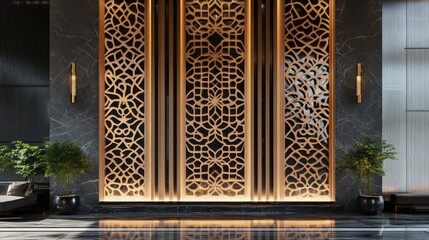 Wood fences with intricate luxury patterns, displayed against a futuristic backdrop, creating a beautiful and sophisticated scene