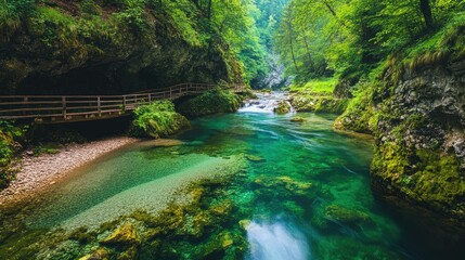 Vintgar Gorge Serenity: A breathtaking view of Vintgar Gorge near Bled, Slovenia, showcasing the crystal-clear Radovna River flowing through lush, green scenery.