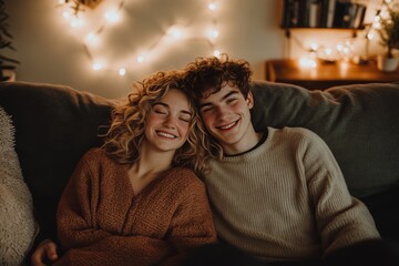 Happy couple sitting together in a cozy setting representing emotional connection and the warmth of human relationships