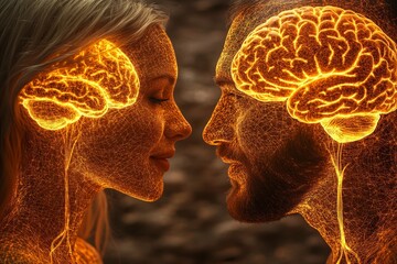 Poster - Conceptual image of a couple with glowing brain structures symbolizing the power of shared thoughts and intellectual synergy in relationships