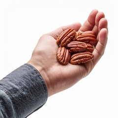 hand holding Pecan nuts isolated on white background