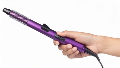 hand holding purple curling iron isolated on white background