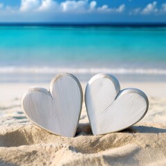 Intertjuiced Hearts on the Beach Two white wooden hearts nestled together on a sandy beach, with the turquoise ocean in the background, symbolizing love, unity, and commitment.