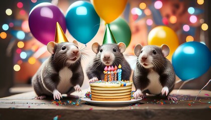 Moles celebrating a birthday with cake and balloons in colorful outfits.