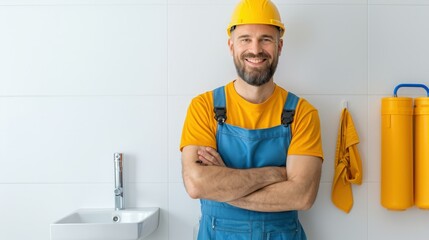 plumber wearing safety gear and a hat, repairing a home bathroom water system, professional service, copy space, advertising