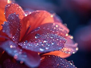 Wall Mural - Close-up of a delicate pink flower petal covered in sparkling dew drops.