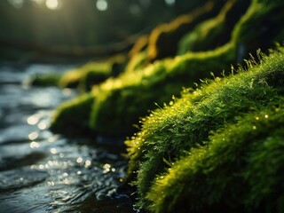 Wall Mural - Close-up of lush green moss growing on rocks by a stream with sunlight filtering through the trees.