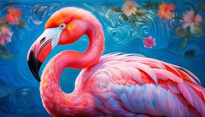 Pink Flamingo in a Painted Paradise A single, graceful flamingo stands poised against a vibrant, abstract background, evoking a sense of tranquility and beauty.