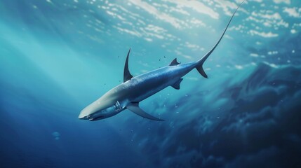 Wall Mural - A lone shark swims gracefully through the clear blue water.