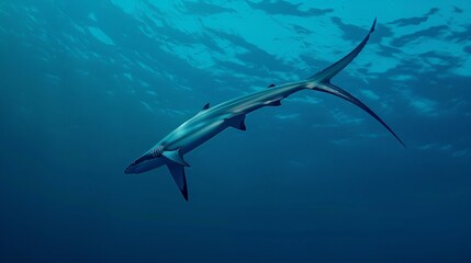 Canvas Print - A lone shark swims through clear blue water, its sleek body and long tail visible.