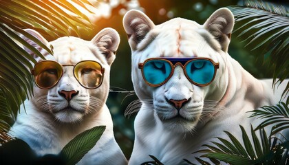 Playful panthers in quirky sunglasses posing in tropical foliage.