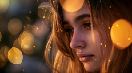 Wall Mural - beautiful young blonde girl with bokeh lights