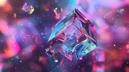 Sticker - A luminous, iridescent cube floats in a vibrant, abstract space with glowing particles.