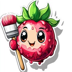 Sticker - Cute Strawberry Character Holding a Paintbrush