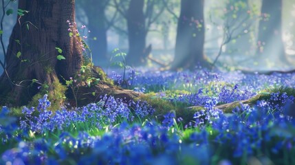 Sticker - A lush forest floor carpeted in vibrant bluebells, with a tree trunk and roots in the foreground.