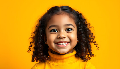 Portrait of cheerful smiling little cute little girl on yellow background isolated isolated with white highlights, png