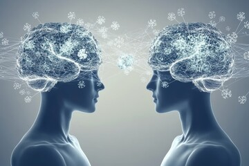 Sticker - Abstract image of two heads with winter themed glowing brains symbolizing the cold and contemplative nature of thought in a serene setting