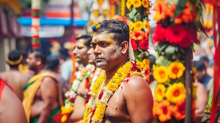 A man adorned with flowers during a religious procession.