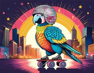 Whimsical illustration of parrot in disco ball helmet roller skating through cityscape.