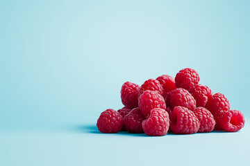 Wall Mural - A pile of fresh raspberries on a light blue background.