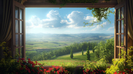 Wall Mural - A window with a view of a lush green field and a cloudy sky