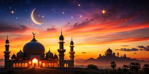 Majestic night sky with twinkling stars, crescent moon, and mosque dome silhouettes bathed in warm sunset hues, capturing the essence of Ramadan and Eid celebrations.