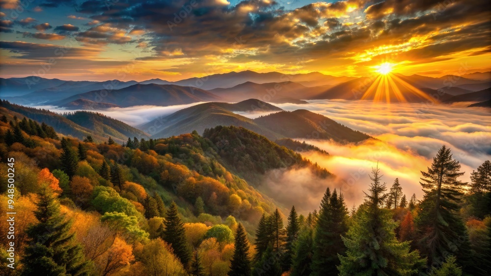 Majestic sunrise breaks over rugged, mist-shrouded peaks of the Smoky ...