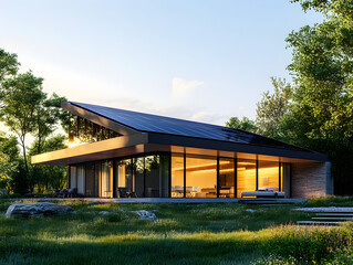 Poster - A sleek, contemporary house with solar panels on the roof, set in a lush, natural environment, beautifully illuminated by the warm glow of sunset.