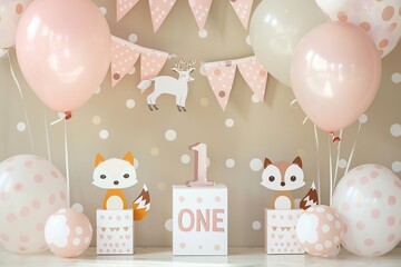 A set of themed party decorations for a first birthday, including pink and white balloons with forest animals