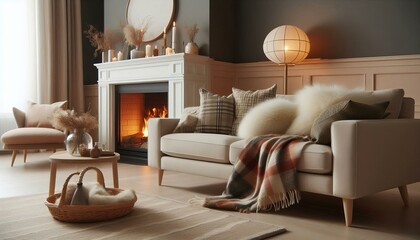 Beige sofa with plaid and fur cushion against of fireplace. Hygge, scandinavian interior design of modern living room