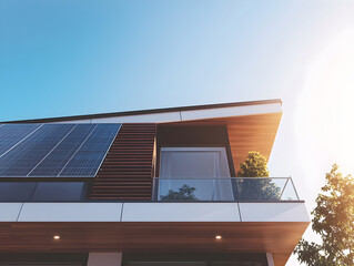 Poster - A close-up view of a contemporary house featuring solar panels on the roof and a glass balcony, highlighting sustainable architecture under a clear sky.