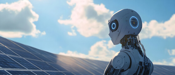 Poster - A high-tech robot overseeing a large solar and wind energy farm, demonstrating the integration of robotics in sustainable power generation in a remote environment.