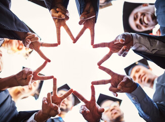 Poster - Graduation, university students and hands with peace sign in circle for celebration, achievement and victory. People, low angle and college and classmates with smile or happy for qualification