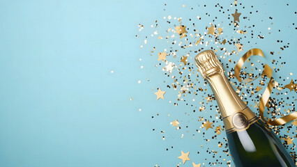 A bottle of champagne with glitter and golden confetti and copy space