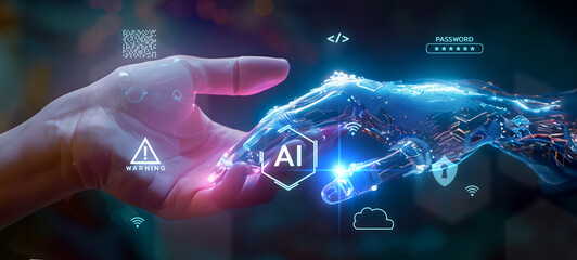 human and robot hand ai assistant ai training computer cyber security artificial intelligence networ