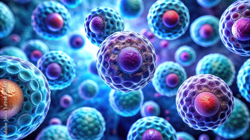 Microscopic view of cells undergoing examination, with blue and purple ...