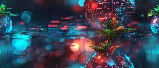 Plant growing from jigsaw puzzle pieces on a neon globe, 3D, cyberpunk, neon red and blue, high detail