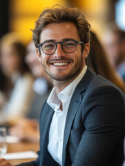 A photograph of a young, attractive, smiling businessman in a suit and glasses, sitting at a table with other people during a meeting, with a blurred office background. 