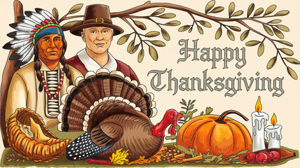 Wall Mural - An illustration of a Thanksgiving greeting card