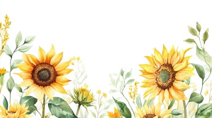Wall Mural - beautiful sunflower with watercolor foliage and flowers on a white background, creating a bright and