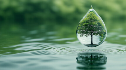 a single water drop with an intricate tree inside, floating on calm waters against a green backgroun