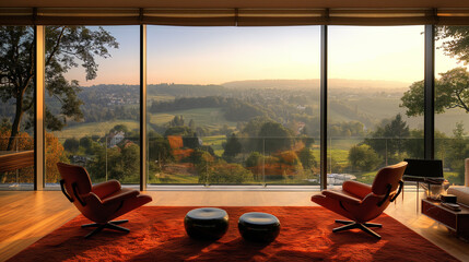 A living room with two red chairs and a rug