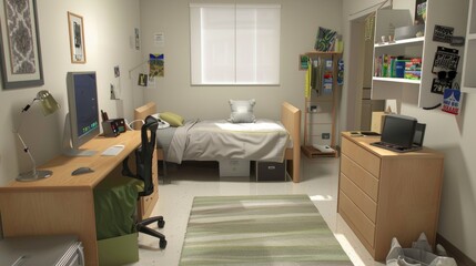 Poster - A minimalist dorm room with a bed, desk, and a dresser.